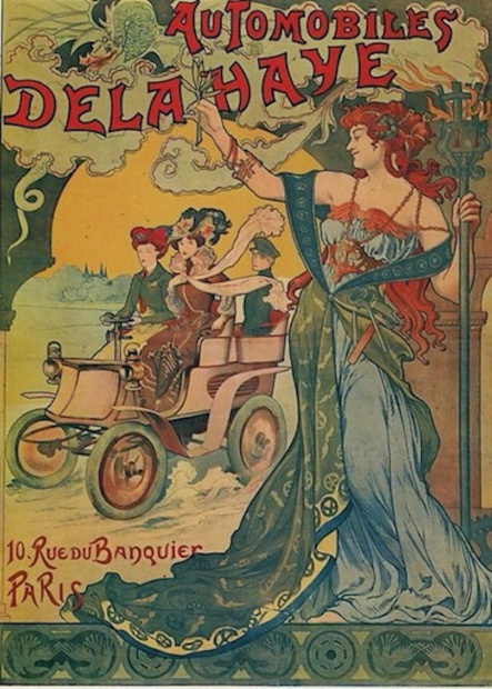  1899仏デラヘイのポスターは、嬉々として丸型ステアリングホイールを回す女性を描いています。右側通行ですが、運転席は右です。