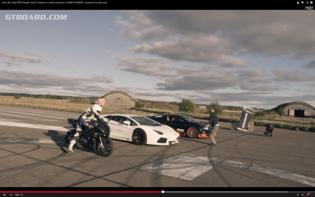 「4駆vs2輪vs1駆!? アヴェンタドール、ヴェイロン、BMW S1000RRが勝負！【動画】」の3枚目の画像