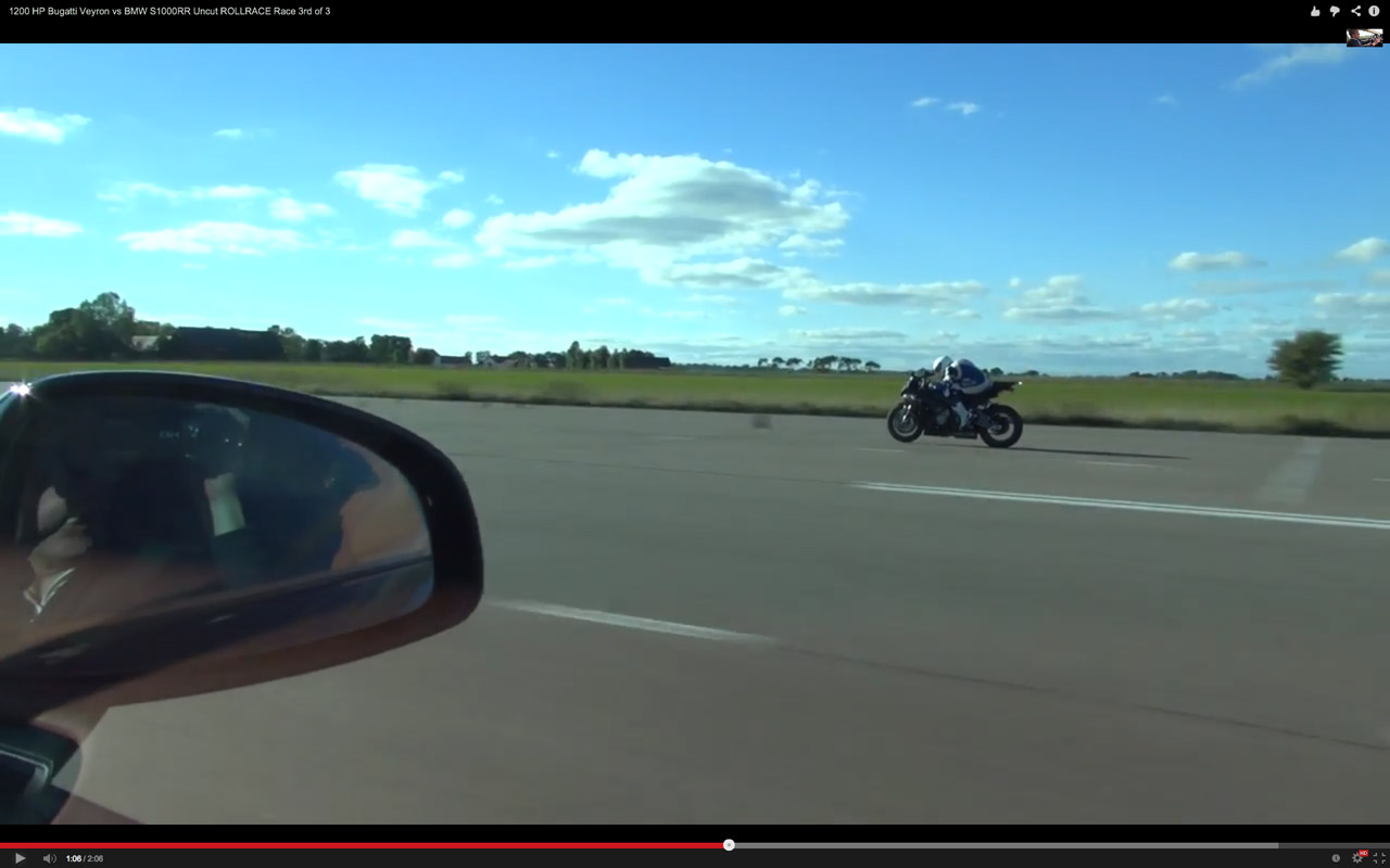 「1200馬力のヴェイロンとビッグバイクBMW S1000RRはどっちが速い？【動画】」の1枚目の画像
