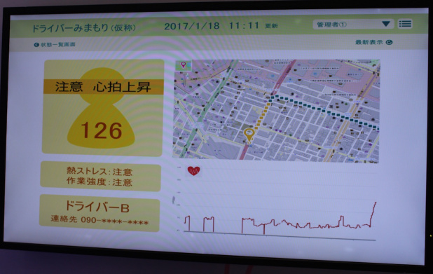 「ドライバーの心拍数、作業強度などをチェックできる「見まもりサービス」がスタート【オートモーティブ ワールド2017】」の4枚目の画像