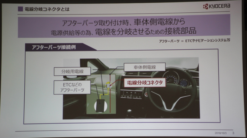 「【CEATEC JAPAN 2018】カメラやカーナビなどの配線に欠かせない車室外対応の電線分岐コネクタを京セラが開発」の8枚目の画像
