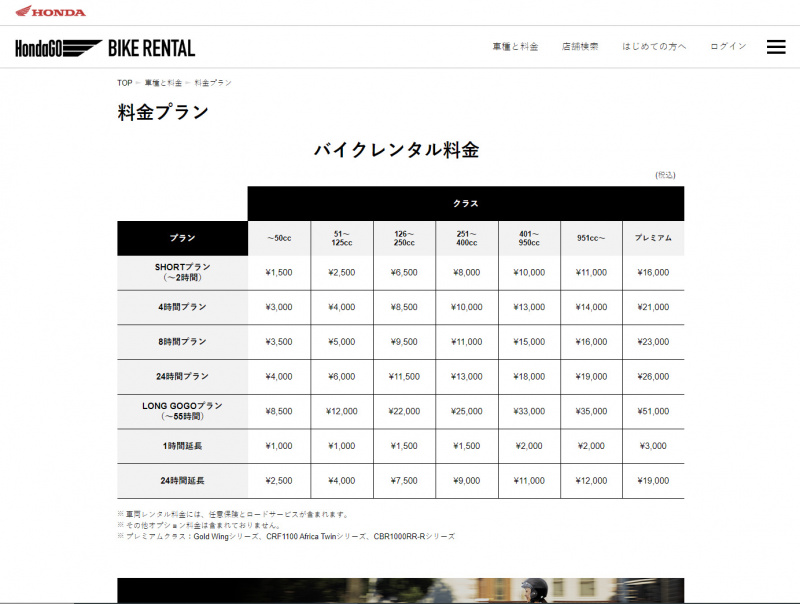 HondaGO RENTAL WEBサイトオートバイレンタル料金表