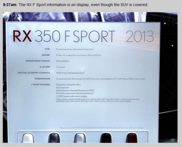 「レクサスRX350Fスポーツに8速ATを初採用！【ニューヨークオートショー2012】」の2枚目の画像