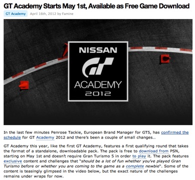 「ゲーマーがレーシングドライバーに!? ドライバー育成プログラム「GT Academy 2012」が発表されました!!」の1枚目の画像