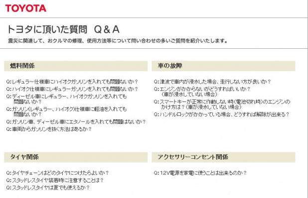 「知っておきたい！　トヨタが震災がらみで寄せられた質問に対してQ&A方式で回答しています！【東北関東大震災】 #jishin」の1枚目の画像