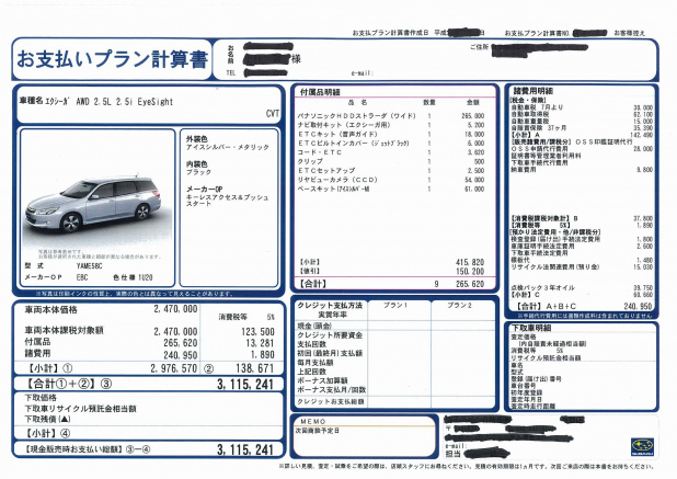 「新型エクシーガの見積もり取ってみました！　アイサイトとカーナビ付きで総額300万円以下で買えます！【エクシーガ マイナーモデルチェンジ】」の2枚目の画像